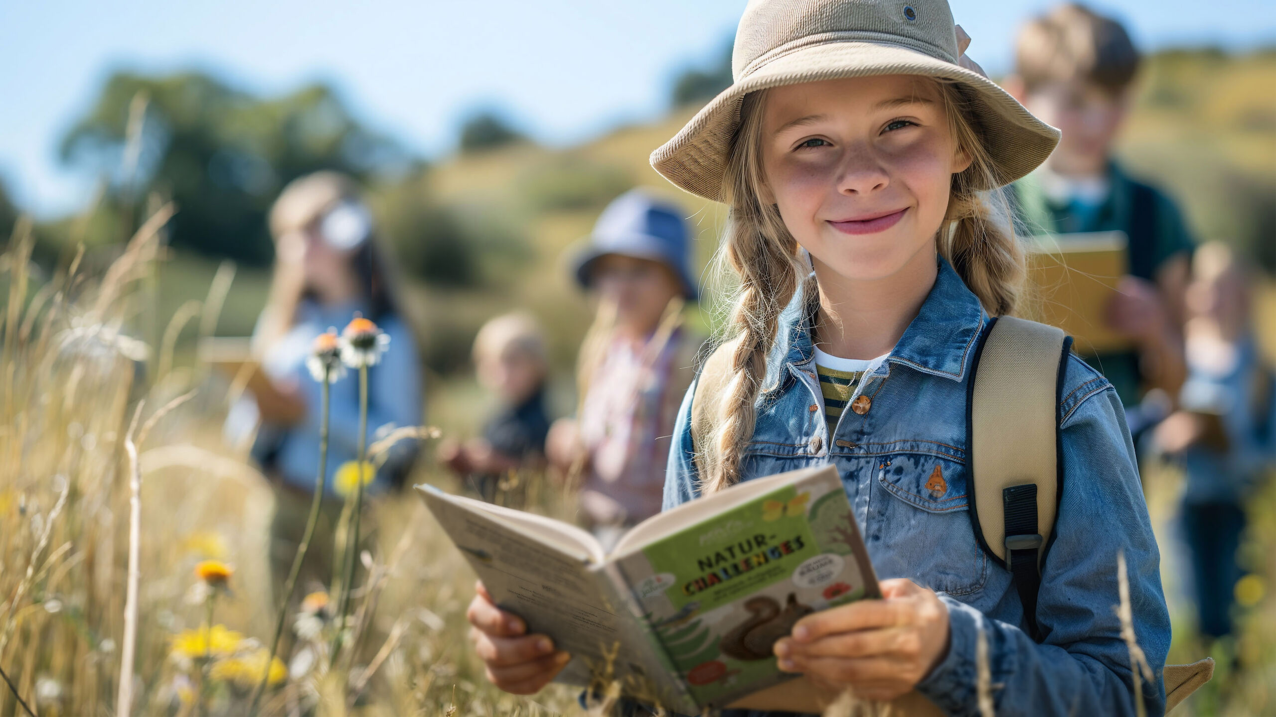 Mädchen steht in einer Sommerwiese mit einem Buch